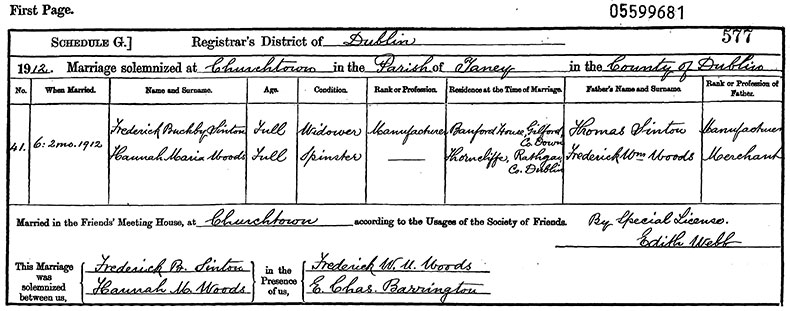 Marriage Certificate of Frederick Buckby Sinton and Hannah Maria Woods - 6 February 1912