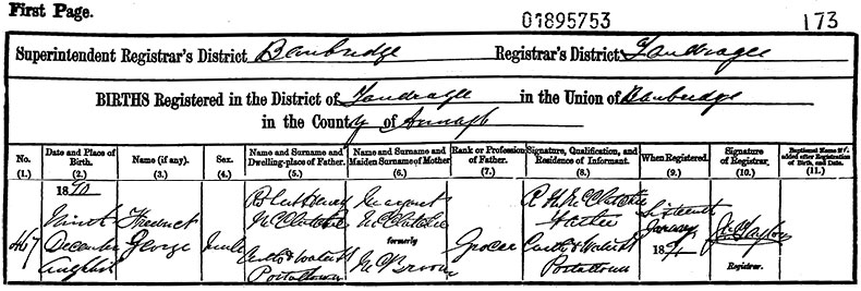 Birth Certificate of Frederick George McClatchie - 9 December 1890
