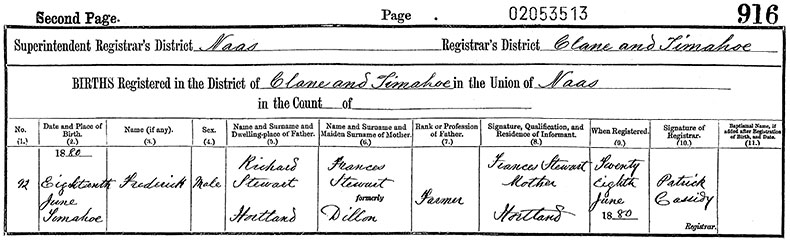 Birth Certificate of Frederick Stewart - 18 June 1880