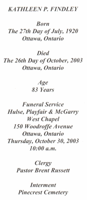 Funeral program for Kathleen Findley