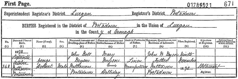 Birth Certificate of George Herbert Bryson - 16 October 1898