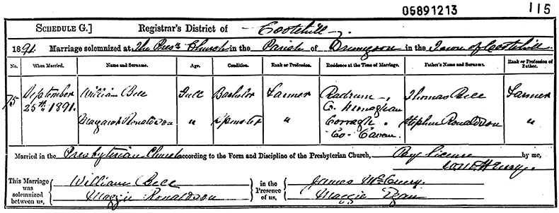 Marriage Certificate of George William Bell and Margaret Ronaldson - 25 September 1891