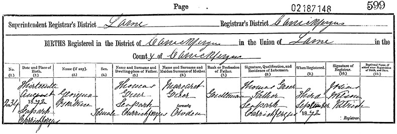 Birth Certificate of Georgina Beatrice Greer - 13 August 1872