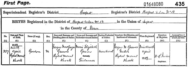 Birth Certificate of Gordon Greeves - 9 April 1909