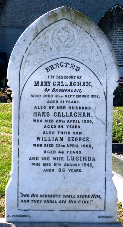 Headstone of Hans Callaghan 1816 - 1900
