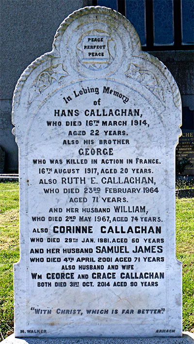 Headstone of Hans Callaghan 1891 - 1914