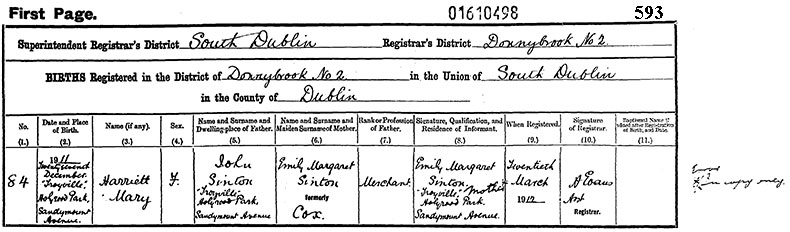Birth Certificate of Harriett Mary Sinton - 27 December 1912