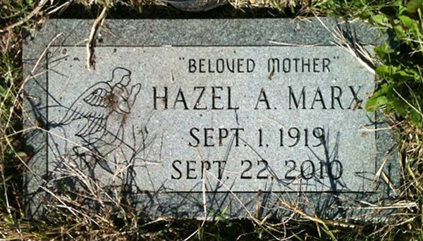 Headstone of Hazel A. Marx (née Harris) 1919-2010