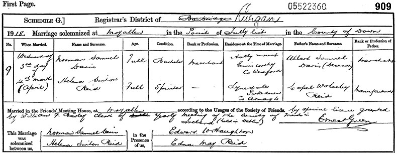 Marriage Certificate of Norman Samuel Davis and Helena Sinton Reid - 3 April 1918