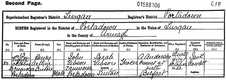 Birth Certificate of Henry Arthur Sinton Gibson - 8 October 1913