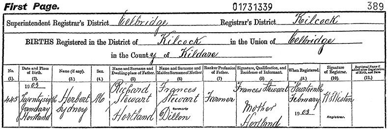 Birth Certificate of Herbert Sydney Stewart - 26 January 1903
