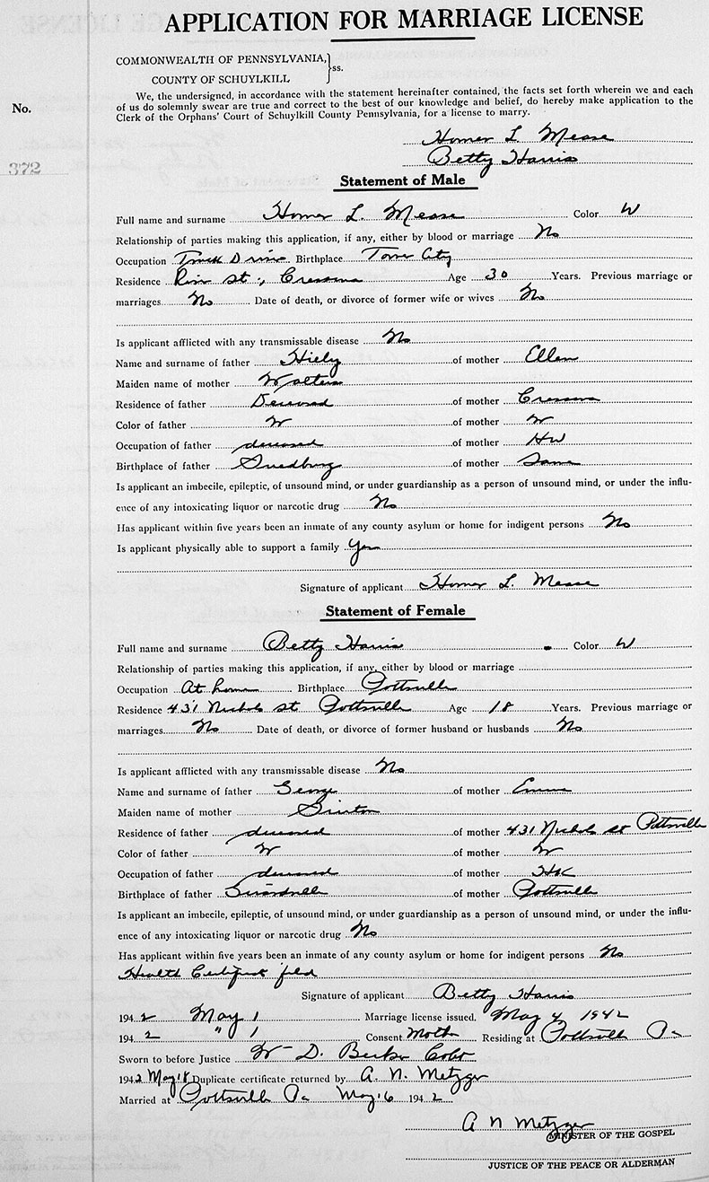 Marriage details of Homer L. Mease & Betty Harris - 16 May 1942