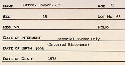 Cemetery Record for Howard Sutton Jnr. 1906 - 1978