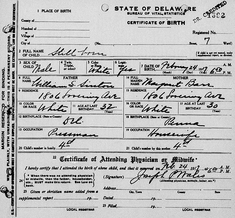 Birth Certificate of Infant Sinton - 24 February 1917