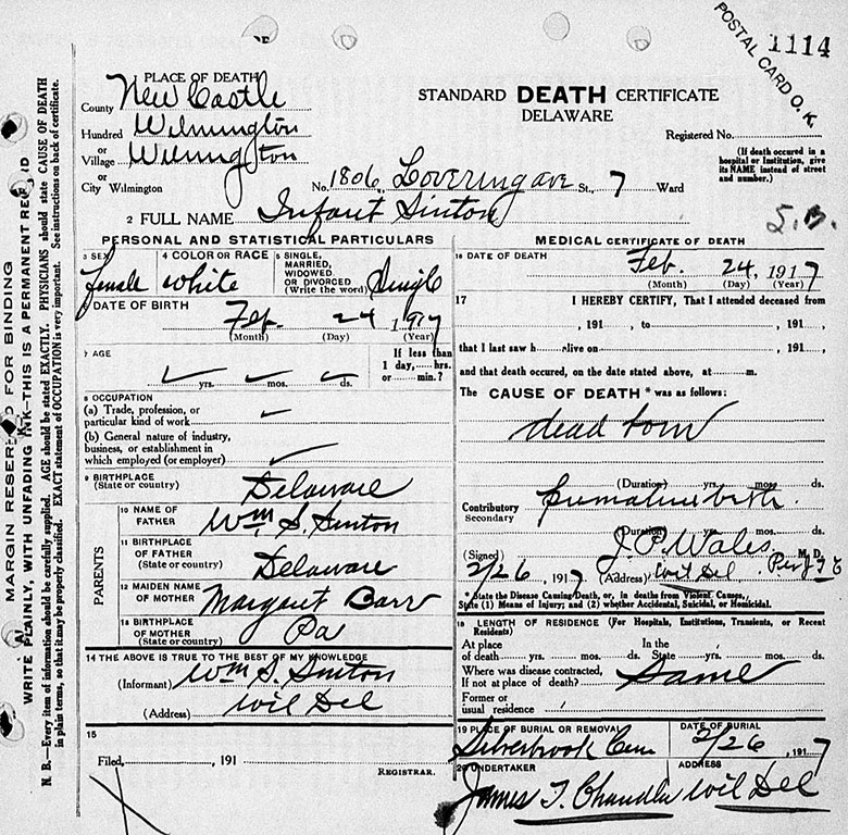 Death Certificate of Infant Sinton - 24 February 1917
