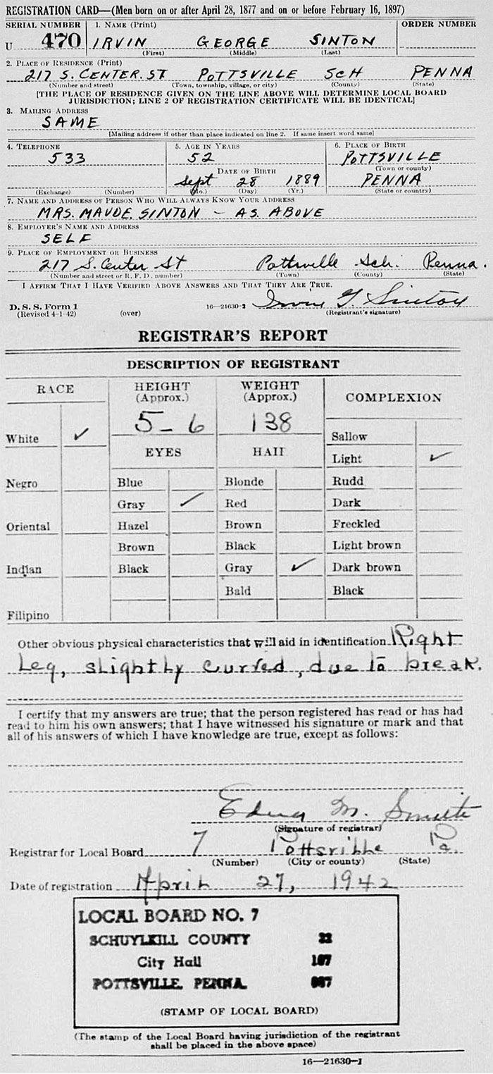 World War II Draft Registration of Irvin George Sinton