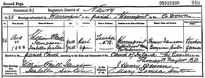 Marriage Certificate of William O'Neill Jameson and Isabella Sinton - 22 August 1888