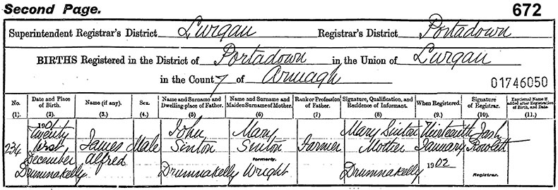 Birth Certificate of James Alfred Sinton - 21 December 1901