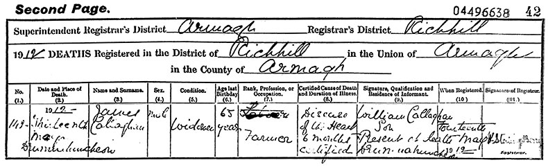 Death Certificate of James Callaghan - 13 May 1912