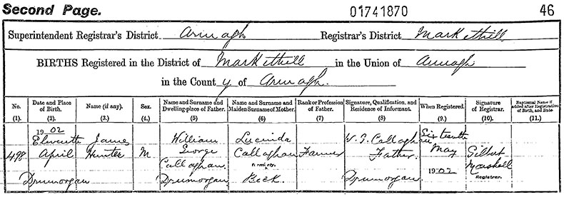Birth Certificate of James Hunter Callaghan - 11 April 1902