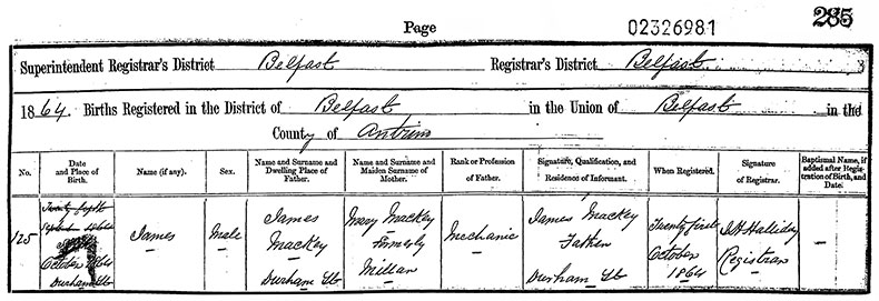 Birth Certificate of James Mackie - 6 October 1864