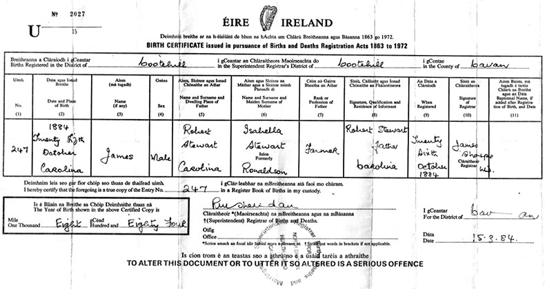 Birth Certificate of James Stewart - 25 October 1884