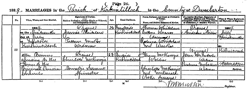Marriage Certificate of James Whitelaw and Charlotte McKenzie - 16 July 1889