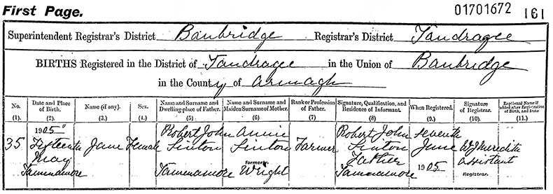 Birth Certificate of Jane Sinton - 15 May 1905