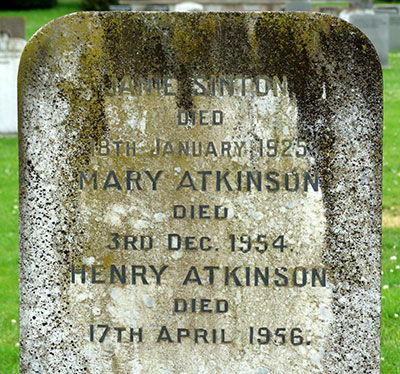 Headstone of Mary Atkinson (née Sinton) 1870 - 1954
