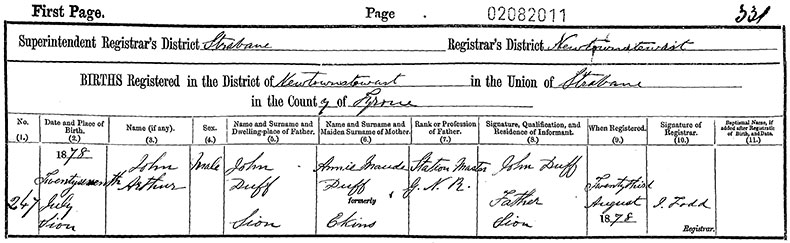 Birth Certificate of John Arthur Duff - 27 July 1878
