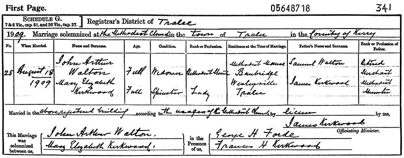 Marriage Certificate of John Arthur Walton and Mary Elizabeth Kirkwood - 18 August 1909