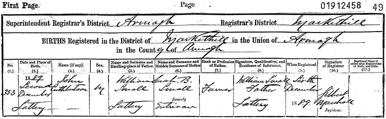 Birth Certificate of John Cuthbertson Small - 2 December 1889