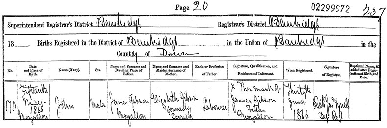 Birth Certificate of John Gibson - 15 May 1866