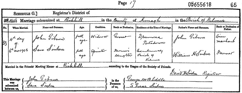 Marriage Certificate of John Gibson and Sarah Sinton - 4 June 1908