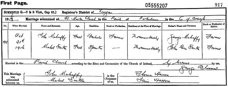 Marriage Certificate of John Mehaffey and Mabel Sinton - 31 October 1916
