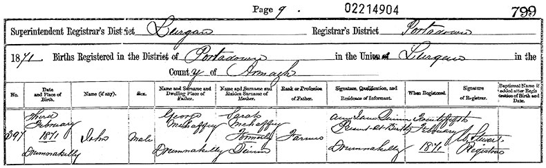 Birth Certificate of John Mehaffey - 3 February 1871