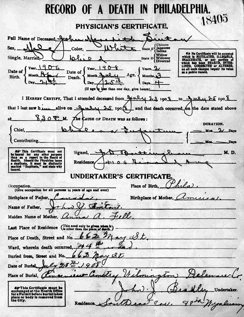 Death Certificate of John Meredith Sinton 1906 - 1908