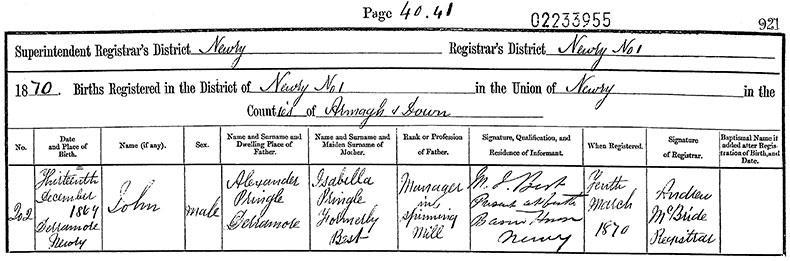 Birth Certificate of John Pringley - 13 December 1869