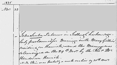 Parish record of marriage between John Sinton and Mary Gillies - 29 November 1835