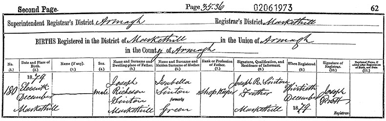 Birth Certificate of John Sinton - 11 December 1879