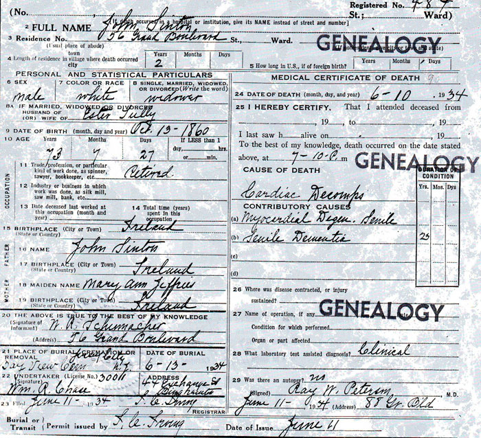 Death Certificate of John Sinton 1860 - 1934