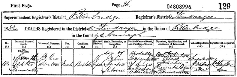 Death Certificate of John Sinton - 7 October 1884