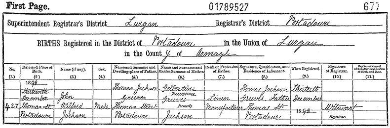 Birth Certificate of John Wilfred Jackson Greeves - 13 December 1898