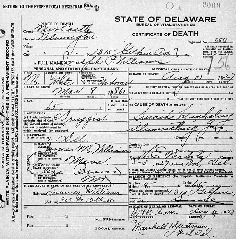 Death Certificate of Joseph P. Williams 2 August 1927