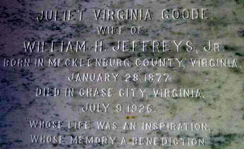 Headstone of Juliet Virginia Jeffreys (née Goode) 1877 - 1926