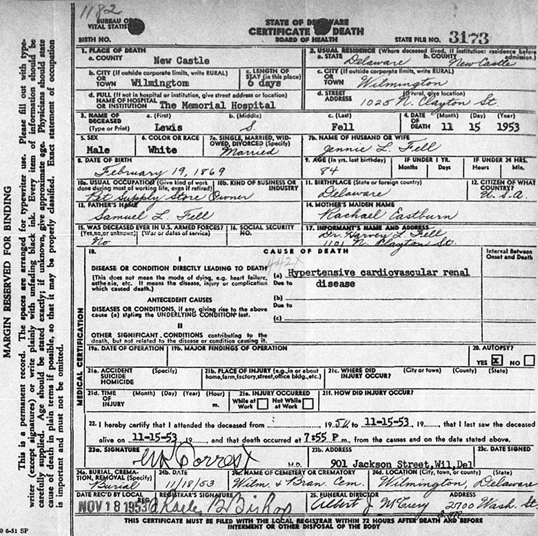 Death Certificate of Lewis Samuel Fell