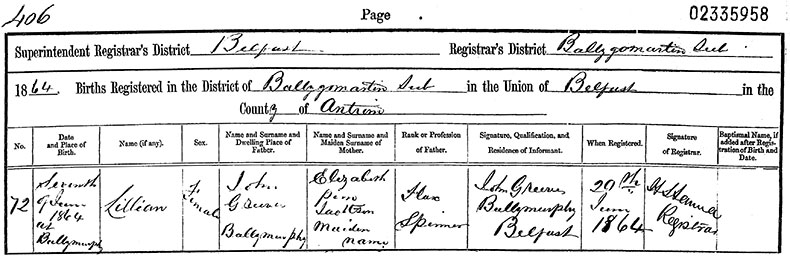 Birth Certificate of Lillian Greeves - 7 June 1864