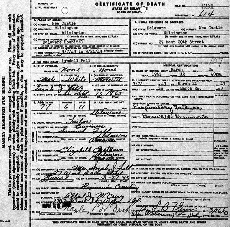 Death Certificate of Lindell Fell