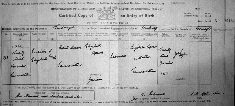 Birth Certificate of Lucinda Elizabeth Speers 1910-1977