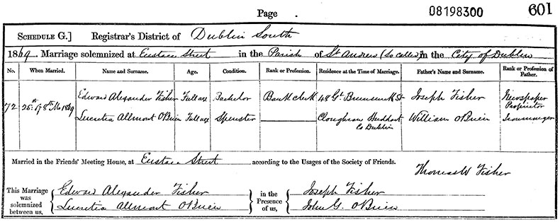 Marriage Certificate of Edward Alexander Fisher and Lucretia Allmont O'Brien - 25 August 1869